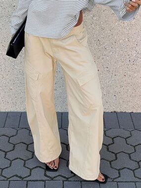 Wide Leg Cargo Pants in Cream - Women's Casual Comfort